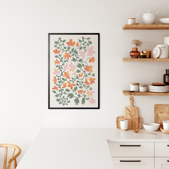 Poster de um padrão com elementos florais estilizados, incluindo várias flores e folhas conectadas por vinhas. 1